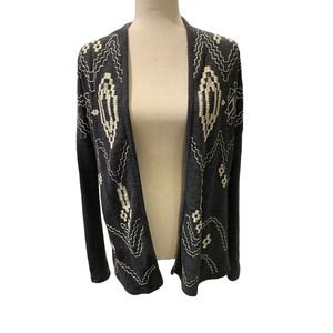 Lucky Brand Lotus Gray Aztec Navajo Pattern Cardigan Sweater Small Embroidered‎